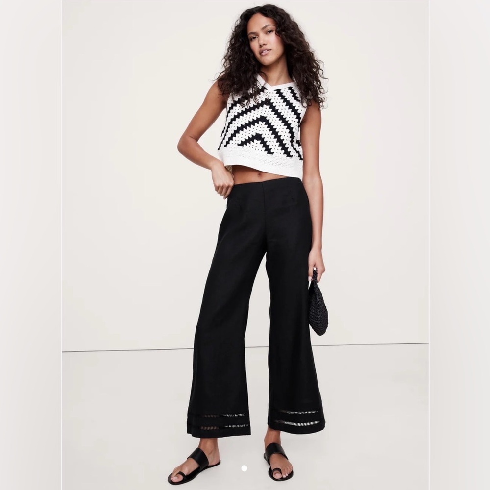 NWOT Banana Republic Mid Rise Kick Flare Lace Trim Linen Black Pant Sz 10/P - Picture 1 of 6